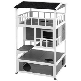 Wooden Outdoor Cat House with Asphalt Roof, Escape Doors, Condo, Jumping Platform, Light Gray