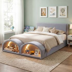 Queen Size Upholstered Platform Bed Frame with Dual Cat Caves, LED Lighted Pet Nests at Footboard, Gray
